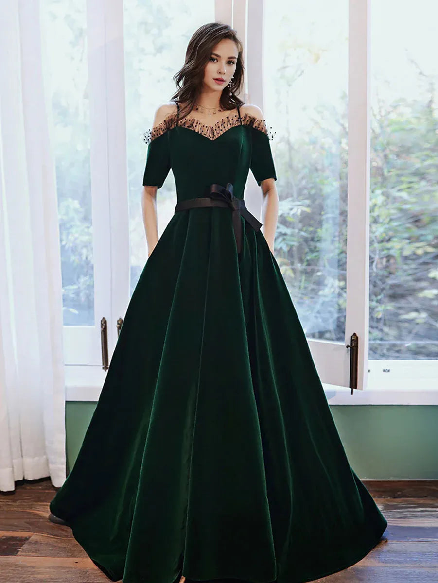 Wholesale Green A line velvet long prom dress green evening dress gowns evening dresses